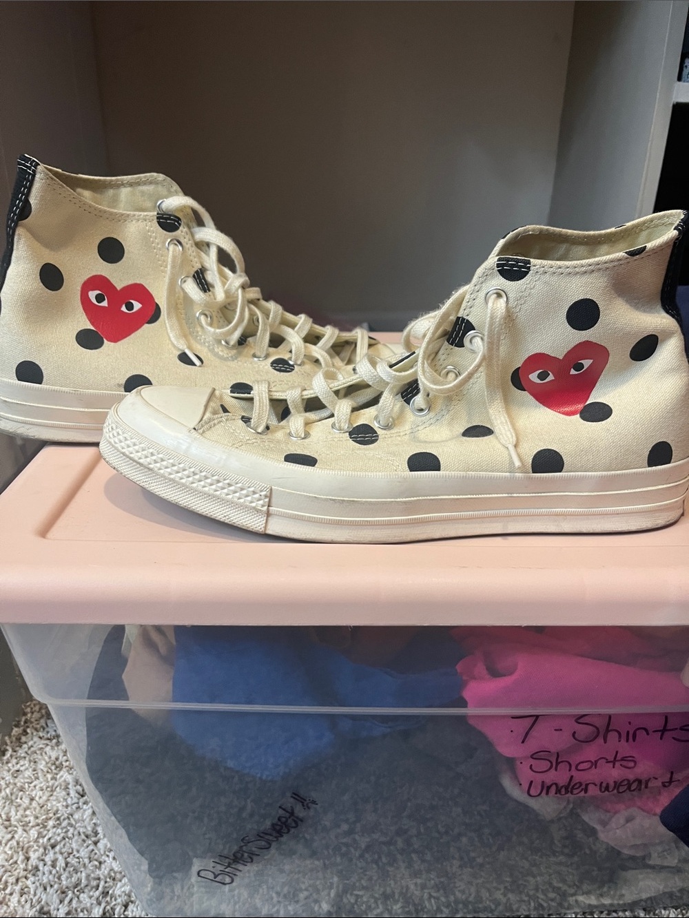 Converse Cream High-Top Sneakers with Black Polka Dots